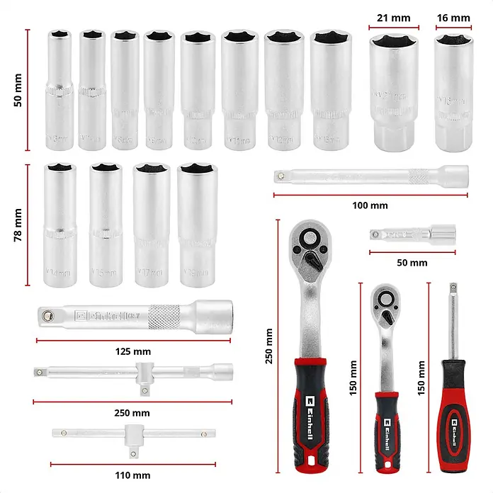 Einhell Werkzeugkoffer E-Case Werkstatt - 92 -tlg. - Einhell Steckschlüsselsatz aus silbernem Metall mit Ratschen, Verlängerungen, Nüssen und Schraubendrehergriff in Rot/Schwarz.