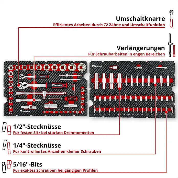 Einhell Werkzeugkoffer E-Case Werkstatt - 92 -tlg. - Umfassender 120-teiliger Steckschlüsselsatz mit Ratsche, 1/2"- und 1/4"-Nüssen, Verlängerungen und 5/16"-Bits in schwarzer/roter Organizer-Einlage.