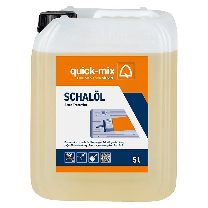 Schalöl - 5 l - Weißer 5-Liter-Kanister quick-mix Schalöl mit orangefarbenem Etikett.