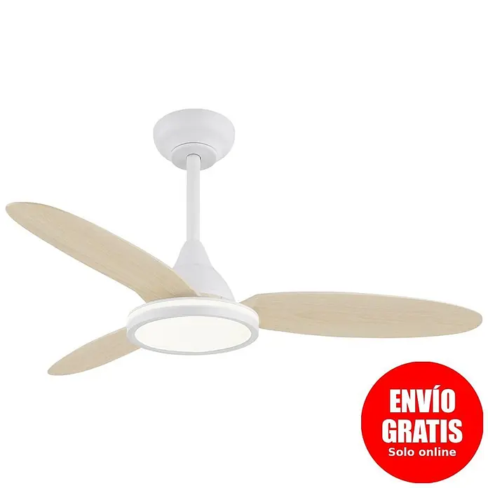 Alemar Ventilador de techo Mahon - Blanco/Madera, 107 cm - Ventilador de techo blanco con tres aspas de madera clara y luz LED integrada.