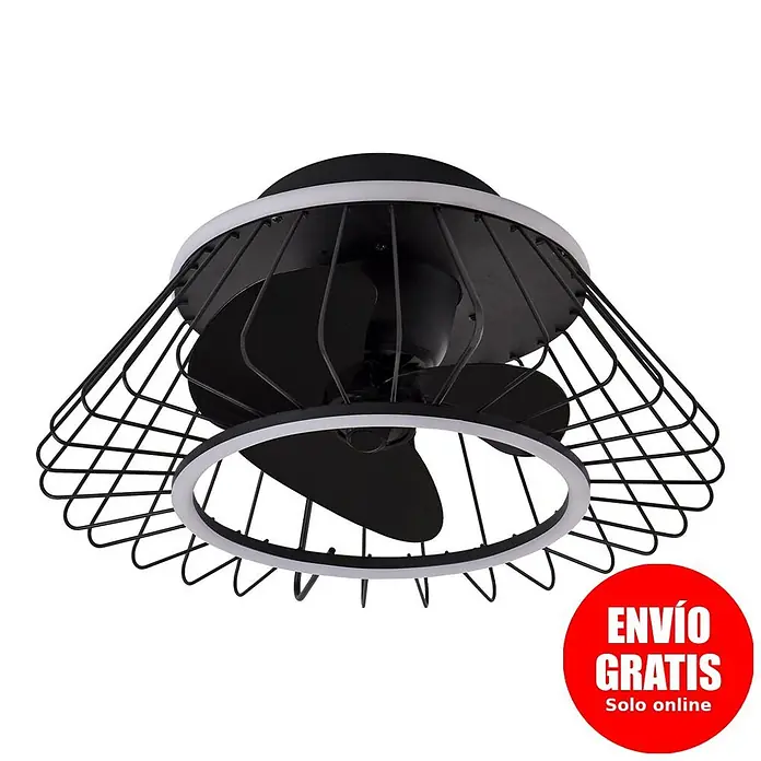 Alemar Ventilador de techo Malabo - Negro, 50 cm, 31 W, Blanco neutro - Ventilador de techo negro con jaula metálica y aro de luz LED integrado.