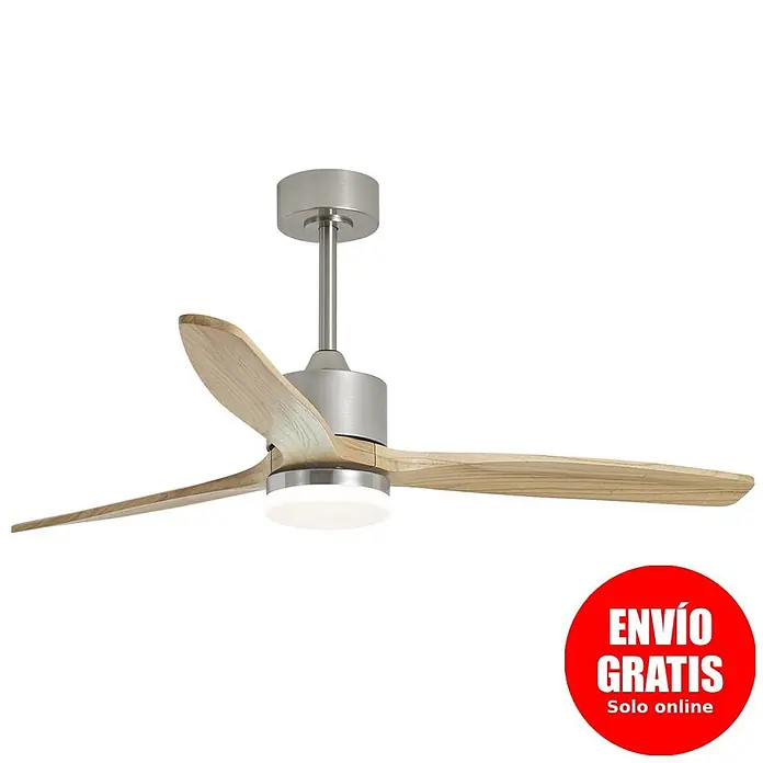 Alemar Ventilador de techo Madeira - Plata/Madera, 132 cm, 7 W - 40 W - Ventilador de techo moderno con aspas de madera clara, cuerpo de metal cepillado y luz LED integrada.