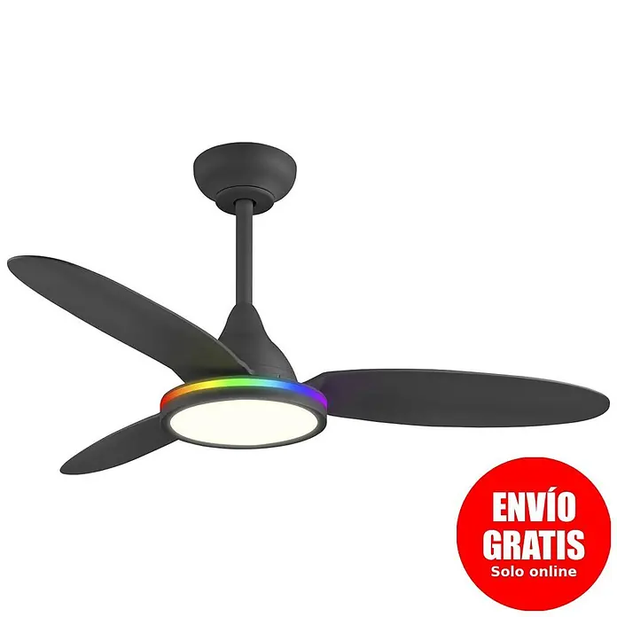 Alemar Ventilador de techo Mahon - Negro, 107 cm - Ventilador de techo gris oscuro con tres aspas y luz integrada, iluminación central blanca y anillo LED de colores arcoíris.