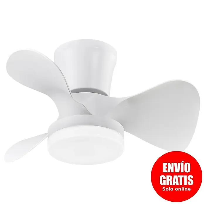 Alemar Ventilador de techo Siux - Blanco, 56 cm, 30 W - Ventilador de techo blanco con tres aspas cortas y curvadas y luz LED integrada en la parte inferior.