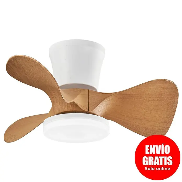 Alemar Ventilador de techo Siux - Blanco/Madera, 56 cm, 30 W - Ventilador de techo con aspas de madera, carcasa blanca y luz LED integrada.