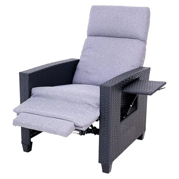 HOMAVO Garten-Positionssessel - Polyrattan, Rückenlehne verstellbar, grau, B x T x H: 77,5 x 75 x 112 cm - Dunkelgrauer Rattan-Liegesessel mit hellgrauen Kissen, verstellbarer Fußstütze und ausklappbarem Beistelltisch.