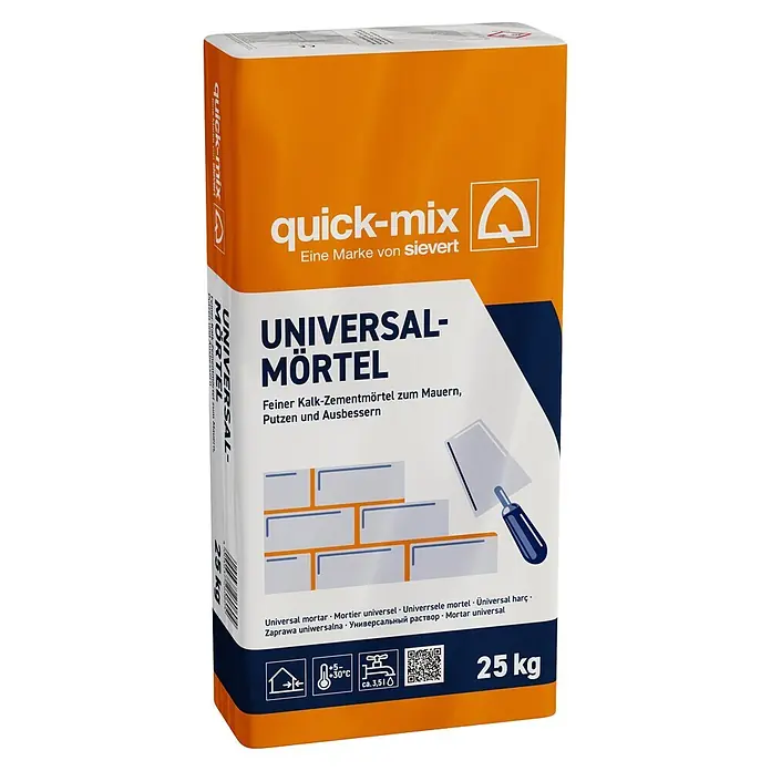 Quick-Mix Universalmörtel Mauer- und Putzmörtel - 25 kg - Orange-weißer 25 kg Sack quick-mix Universal-Mörtel zum Mauern, Verputzen und Ausbessern.