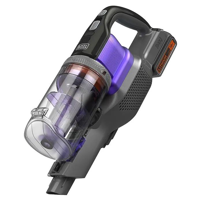 Black+Decker Aspirador de batería Power Series Extreme - 18 V, 2 Ah, Volumen de recipiente: 650 ml - Aspiradora de mano negra y gris con detalles morados y depósito transparente, con batería de litio de 18V.