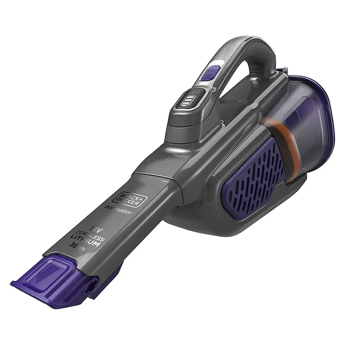 Black+Decker Aspirador de mano de batería GEN 11 - 18 V, 2 Ah, Volumen de recipiente: 700 ml - Aspiradora de mano sin cable Black+Decker gris y morada (dustbuster) con depósito transparente y botones.
