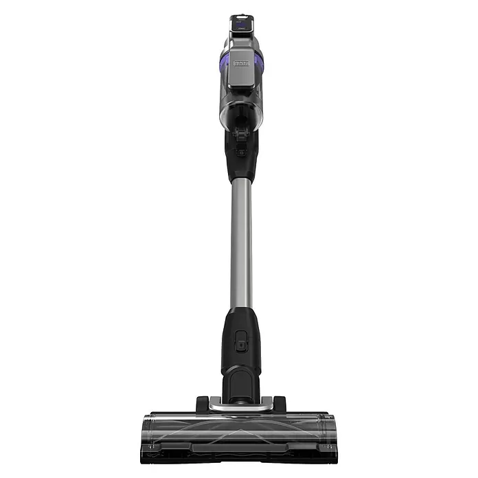 Black+Decker Aspirador de batería BSV520BRP-QW - 18 V, 1 batería, 2 Ah, Volumen de recipiente: 0,65 l - Aspirador escoba negro y plateado con detalles morados, depósito de polvo transparente, de pie.