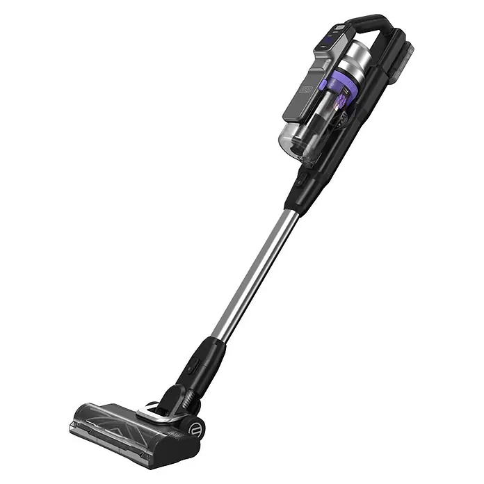 Black+Decker Aspirador de batería BSV520BRP-QW - 18 V, 1 batería, 2 Ah, Volumen de recipiente: 0,65 l - Aspiradora escoba sin cable negra y plateada con depósito transparente y filtro interno morado.