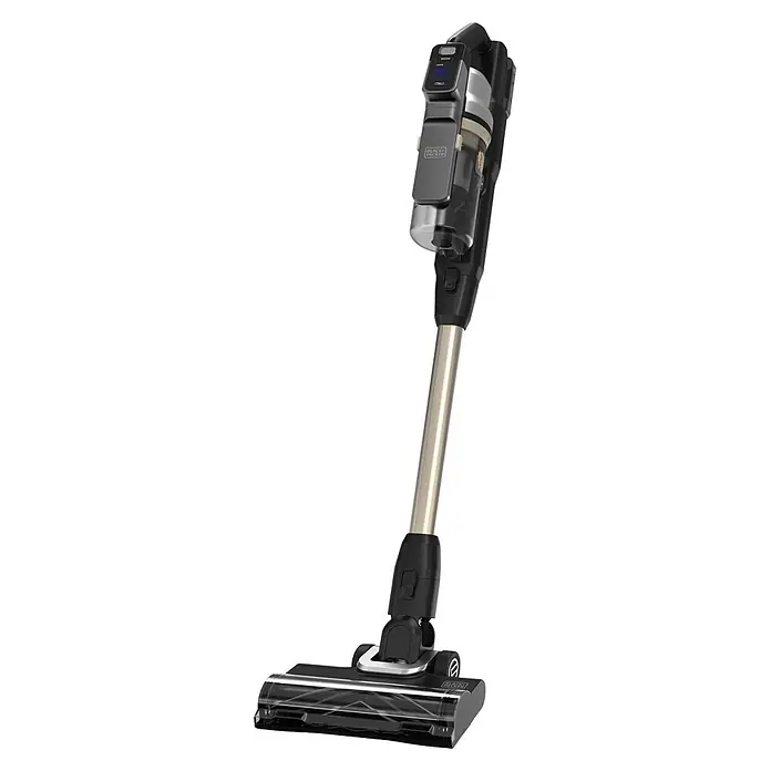 Black+Decker Aspirador de batería BSV525BLP-QW - 18 V, 1 batería, 2,5 Ah, Volumen de recipiente: 0,65 l - Aspiradora escoba sin cable Black+Decker negra y plateada con depósito de polvo transparente y pantalla digital.