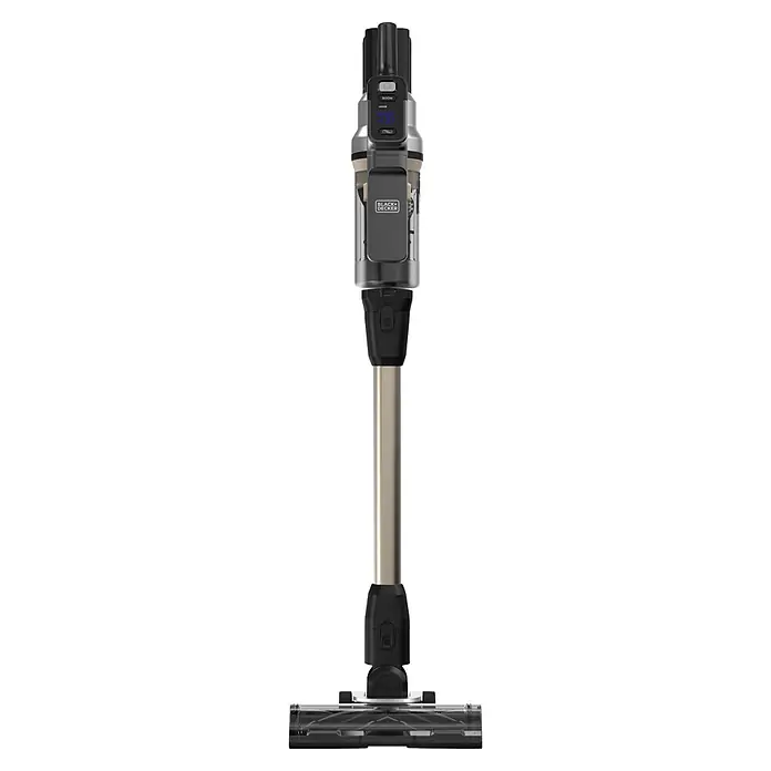 Black+Decker Aspirador de batería BSV525BLP-QW - 18 V, 1 batería, 2,5 Ah, Volumen de recipiente: 0,65 l - Aspiradora escoba Black+Decker con pantalla digital, depósito de polvo transparente, tubo plateado y cepillo de suelo.