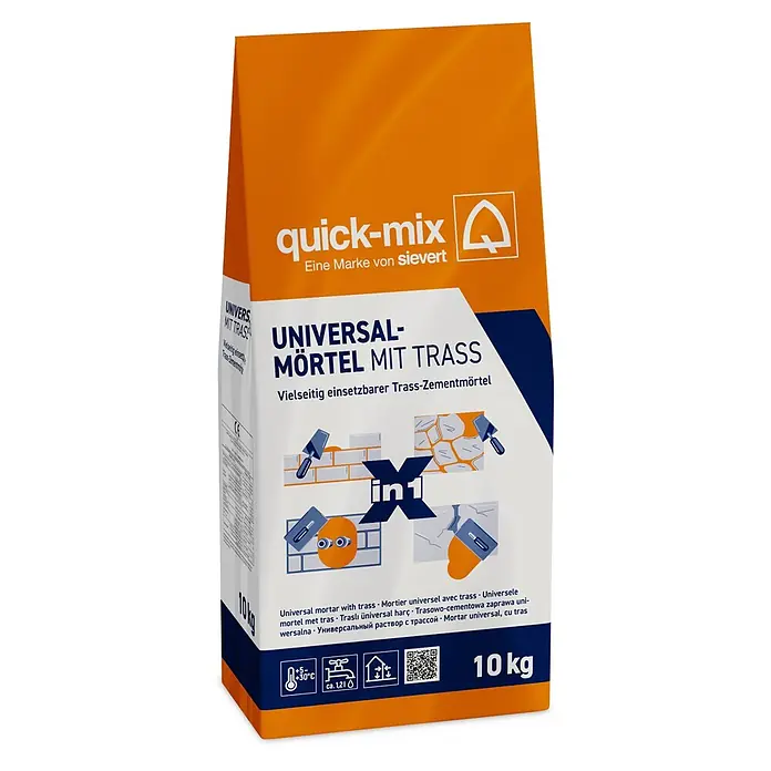 Quick-Mix Universalmörtel Trass Uni-X in 1 - 10 kg - Orange-weißer 10 kg quick-mix Sack Universal-Zementmörtel mit Trass für Mauerwerk.