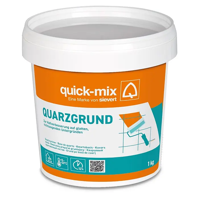 Quick-Mix Quarzgrund - 1 kg - Weißer und oranger Kunststoffeimer mit quick-mix QUARZGRUND Haftgrundierung.