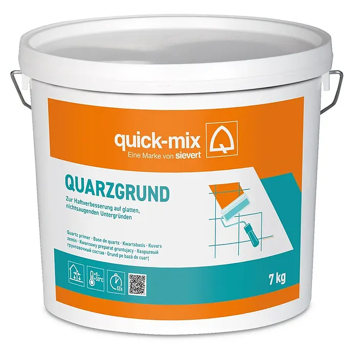 Quick-Mix Quarzgrund - 7 kg - Weißer Eimer quick-mix QUARZGRUND (7 kg) für verbesserte Haftung auf glatten Untergründen.