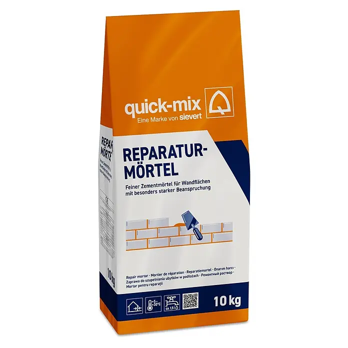 Quick-Mix Reparaturmörtel - 10 kg - Oranger und weißer Sack quick-mix Reparaturmörtel (10 kg) für stark beanspruchte Wandflächen, mit Ziegelreparatur und Kelle.