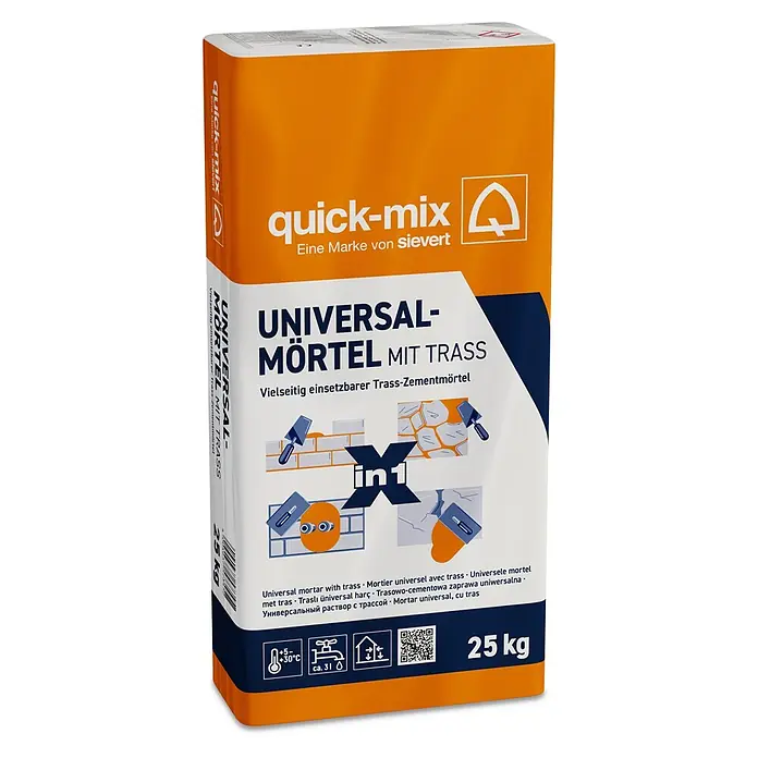 Quick-Mix Universalmörtel Trass Uni-X in 1 - 25 kg - Ein orange-weißer 25 kg quick-mix Sack mit Universal-Mörtel und Trass für vielseitige Bauanwendungen.