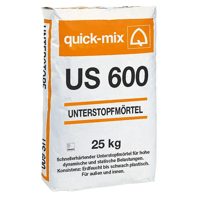 Unterstopfmörtel US 600 - 25 kg, Körnung: 0 mm - 1 mm - Weißer 25-kg-Sack quick-mix US 600 schnellerhärtender Unterstopfmörtel.
