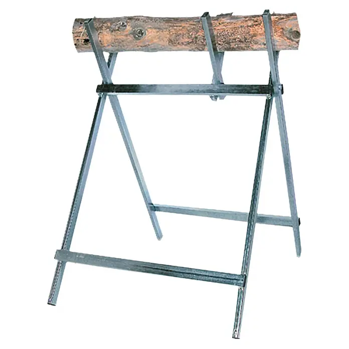 Metallsägebock - Tragkraft: 100 kg, Verzinkt - Ein stabiler, verstellbarer Holzbock aus Metall mit einem Holzscheit darauf, ideal für die Holzbearbeitung.