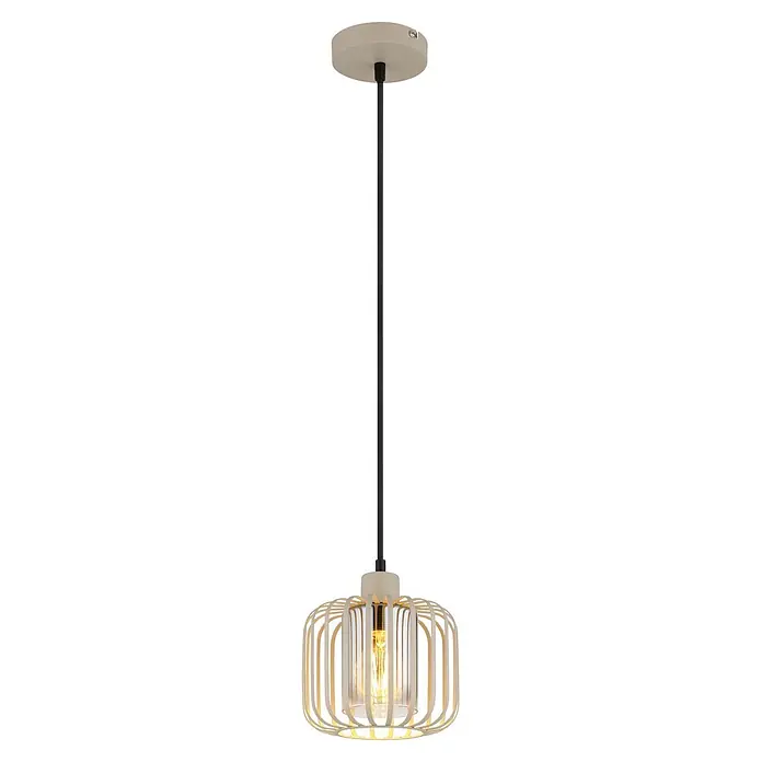 Globo Pendelleuchte Alfred - 40 W, Beige, E27, Ø x H: 180 x 1.200 mm - Beige Pendelleuchte mit schwarzem Stab, offenem Käfigdesign, Klarglas und beleuchteter Glühbirne.