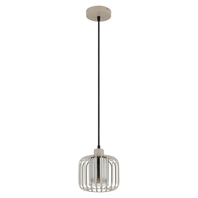 Globo Pendelleuchte Alfred - 40 W, Beige, E27, Ø x H: 180 x 1.200 mm - Beigefarbene Pendelleuchte mit schwarzem Stoffkabel und Käfiglampenschirm, mit sichtbarer Glühfadenbirne.