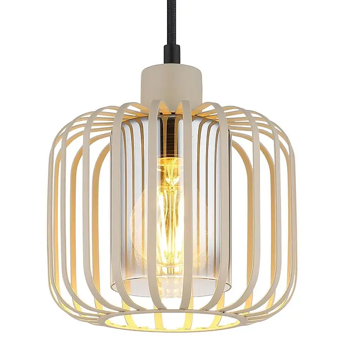 Globo Pendelleuchte Alfred - 40 W, Beige, E27, Ø x H: 180 x 1.200 mm - Creme-Metallkäfig-Pendelleuchte mit Klarglaszylinder und sichtbarer Glühbirne.
