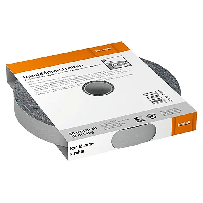 Fermacell Randdämmstreifen10 m x 30 mm x 8 mm - Produktfoto: Randdämmstreifen von Fermacell, 30 mm breit und 10 m lang, zur Schalldämmkopplung von Trockenestrich an angrenzenden Bauteilen.