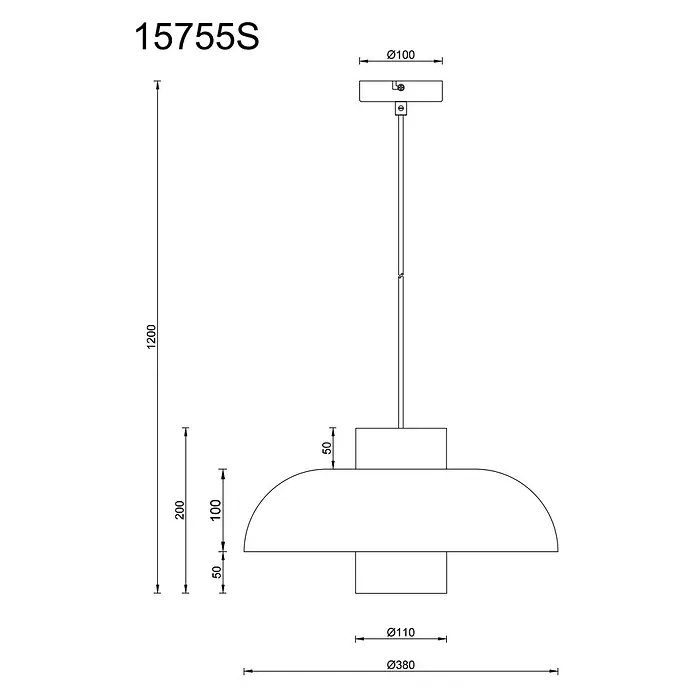Globo Pendelleuchte Lowe - Schwarz, Ø x H: 380 x 1.200 mm, E27 - Technische Zeichnung einer Pendelleuchte mit Ø380mm kuppelförmigem Schirm und einer Gesamthöhe von 1200mm.