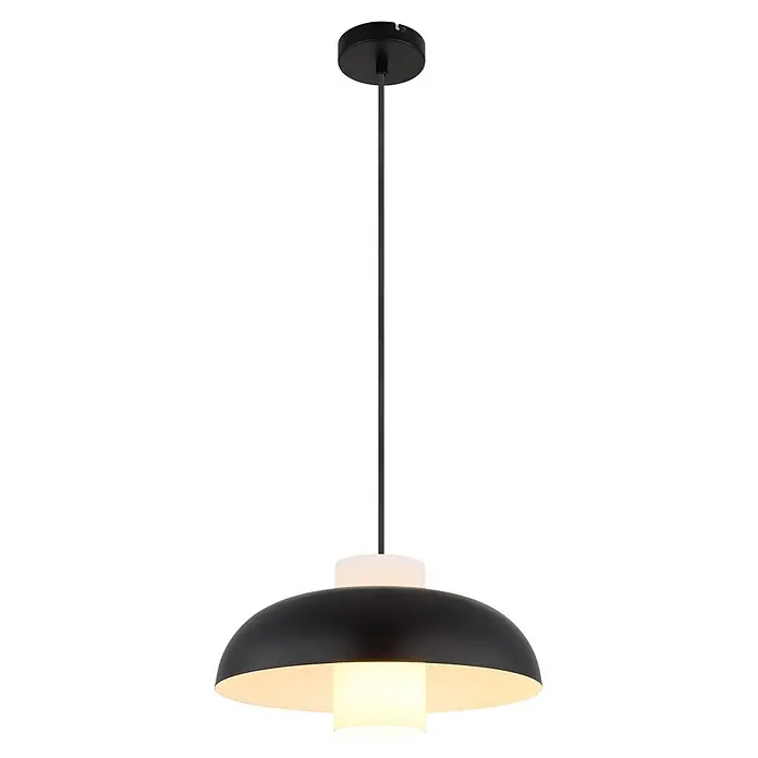 Globo Pendelleuchte Lowe - Schwarz, Ø x H: 380 x 1.200 mm, E27 - Schwarze Pendelleuchte mit weißem Diffusor, an schwarzem Kabel hängend, warmes Licht ausstrahlend.
