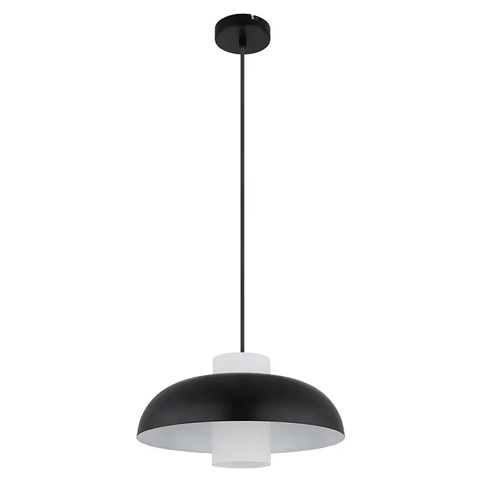 Globo Pendelleuchte Lowe - Schwarz, Ø x H: 380 x 1.200 mm, E27 - Moderne, schwarz-weiße Pendelleuchte mit kuppelförmigem Schirm und zylindrischem Diffusor.