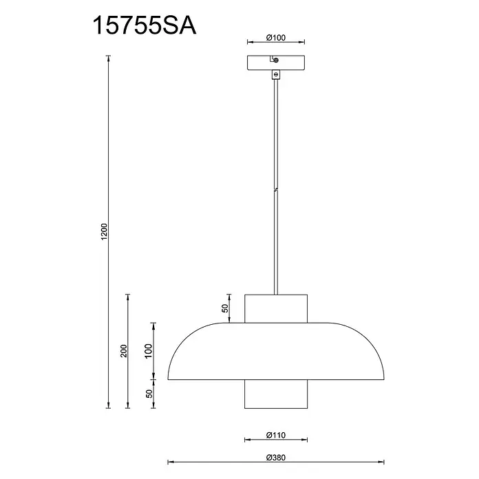 Globo Pendelleuchte Lowe - Opalglas, Ø x H: 38 x 120 cm, E27 - Technische Zeichnung einer Pendelleuchte mit kuppelförmigem Schirm (Ø380mm), Baldachin (Ø100mm) und Gesamtlänge 1200mm.