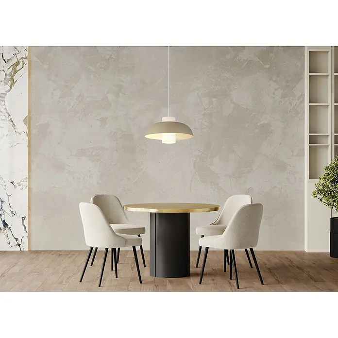 Globo Pendelleuchte Lowe - Opalglas, Ø x H: 38 x 120 cm, E27 - Modernes Esszimmer-Set: runder Gold-Schwarz-Tisch, vier beige Stoffstühle, elegante Pendelleuchte.