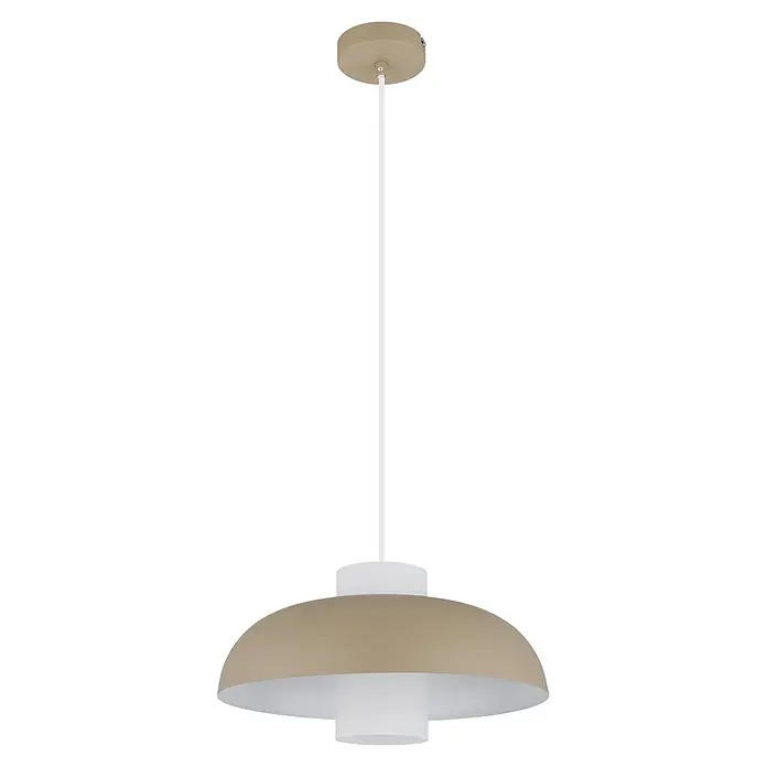 Globo Pendelleuchte Lowe - Opalglas, Ø x H: 38 x 120 cm, E27 - Beige Pendelleuchte mit weißem Innendiffusor, von einer beigen Deckenrosette hängend.