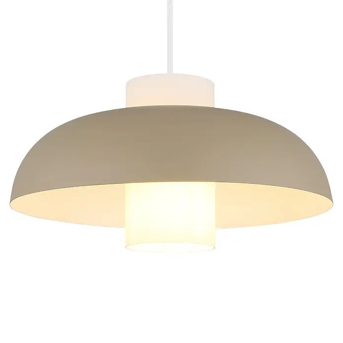 Globo Pendelleuchte Lowe - Opalglas, Ø x H: 38 x 120 cm, E27 - Moderne Pendelleuchte mit beigem Kuppelschirm und internem weißen Diffusor, warmes Licht ausstrahlend, an weißem Kabel.