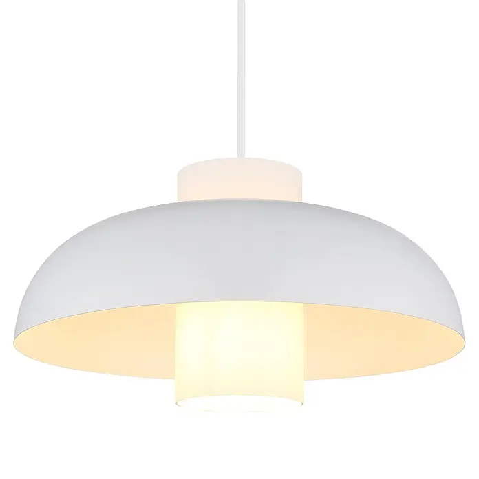 Globo Pendelleuchte Lowe - Ø x H: 38 x 120 cm, E27 - Weiße Hängelampe mit kuppelförmigem Außenschirm und innerem Diffusor, der warmes Licht abgibt.