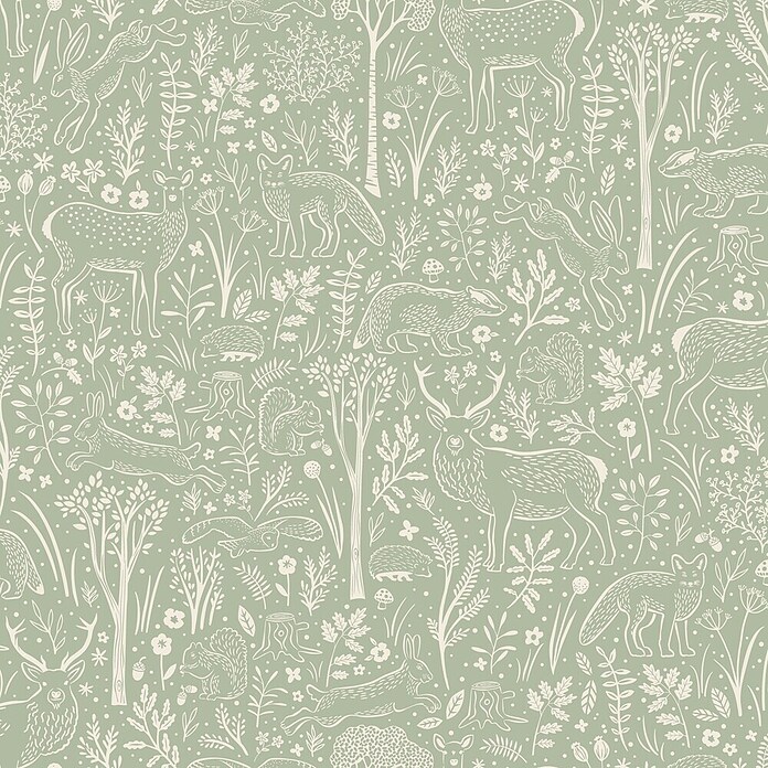 Dutch Wallcoverings Vliesbehang Woodlandanimals Groen (10 m x 53 cm) | BAUHAUS
