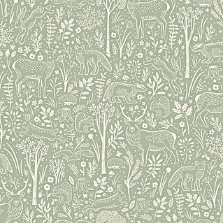 Dutch Wallcoverings Vliesbehang Woodlandanimals Groen (10 m x 53 cm)