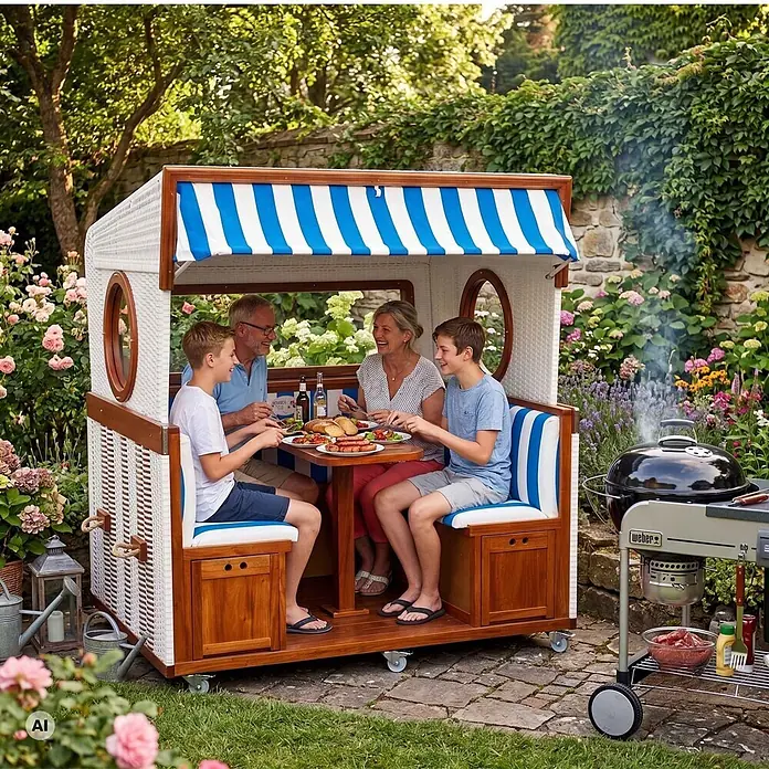 Bene Living Strandstuhl Gosch-Lounge Des.991 - 1 Stk., 100% Mahagoni, Rollbar, blau, B x T x H: 200 x 158 x 207 cm