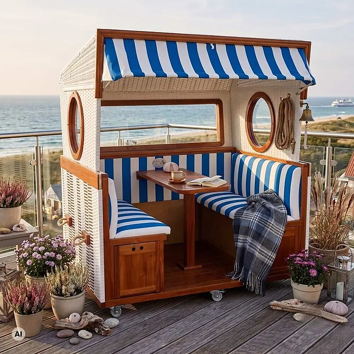 Bene Living Strandstuhl Gosch-Lounge Des.991 - 1 Stk., 100% Mahagoni, Rollbar, blau, B x T x H: 200 x 158 x 207 cm