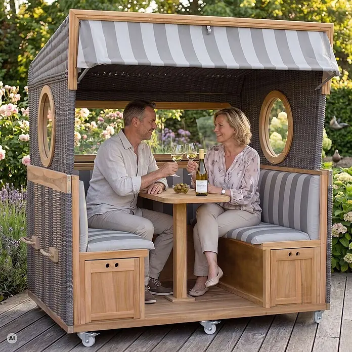 Bene Living Strandstuhl Gosch-Lounge Des.981 - 1 Stk., 100% Mahagoni, Rollbar, blau, B x T x H: 200 x 158 x 207 cm