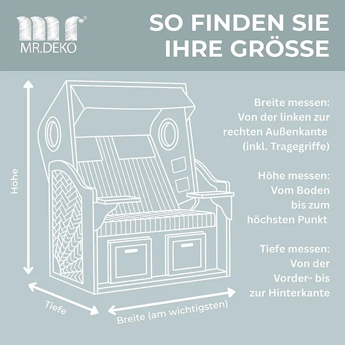 Bene Protect Strandkorb-Schutzhülle Aero Protect XXL 160cm - L x B x H: 85 x 160 x 160 cm, atmungsaktive Wabenstruktur, 2 g/m², grau - Anleitung zur Vermessung eines Strandkorbs mit Pfeilen für Breite, Höhe und Tiefe.