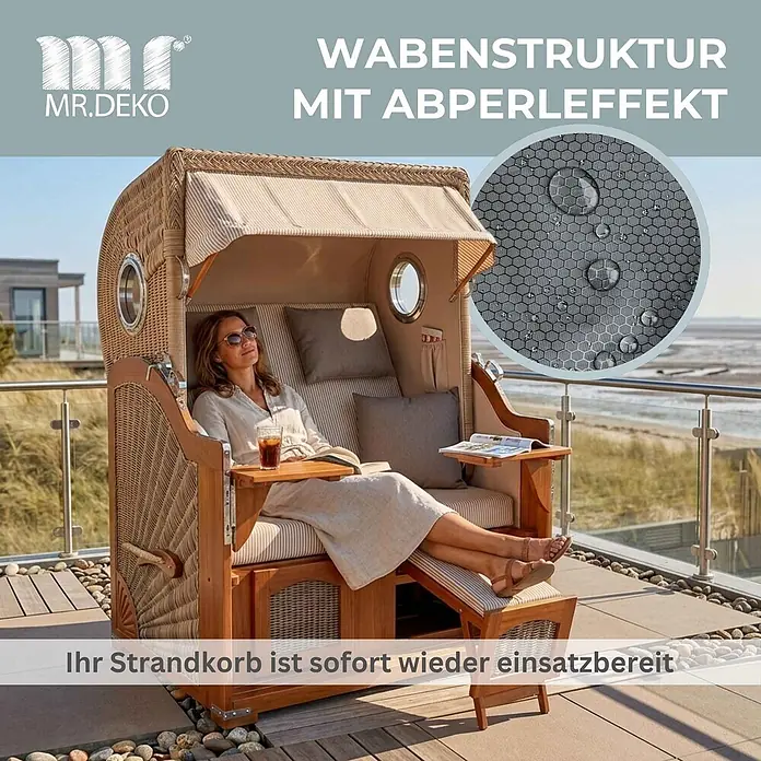 Bene Protect Strandkorb-Schutzhülle Aero Protect XXL 160cm - L x B x H: 85 x 160 x 160 cm, atmungsaktive Wabenstruktur, 2 g/m², grau - Geflochtener Strandkorb aus Rattan und Holz mit einer entspannten Frau, hervorgehoben ist eine wasserabweisende Wabenstruktur.