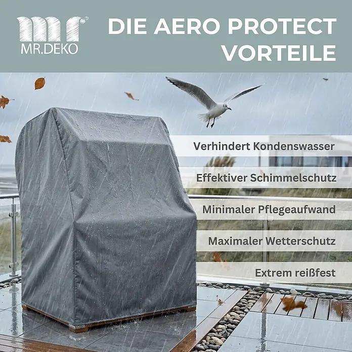 Bene Protect Strandkorb-Schutzhülle Aero Protect XXL 160cm - L x B x H: 85 x 160 x 160 cm, atmungsaktive Wabenstruktur, 2 g/m², grau - Graue Schutzhülle bedeckt Gartenmöbel bei Regen auf einem Balkon. Wasserdicht und wetterfest.