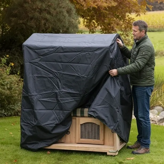 Bene Protect Strandkorb-Schutzhülle Aero Protect XL - L x B x H: 98 x 145 x 170 cm, atmungsaktive Wabenstruktur, 2 g/m², grau - Ein Mann legt eine schwarze Schutzabdeckung über eine Holzhundehütte im Garten.