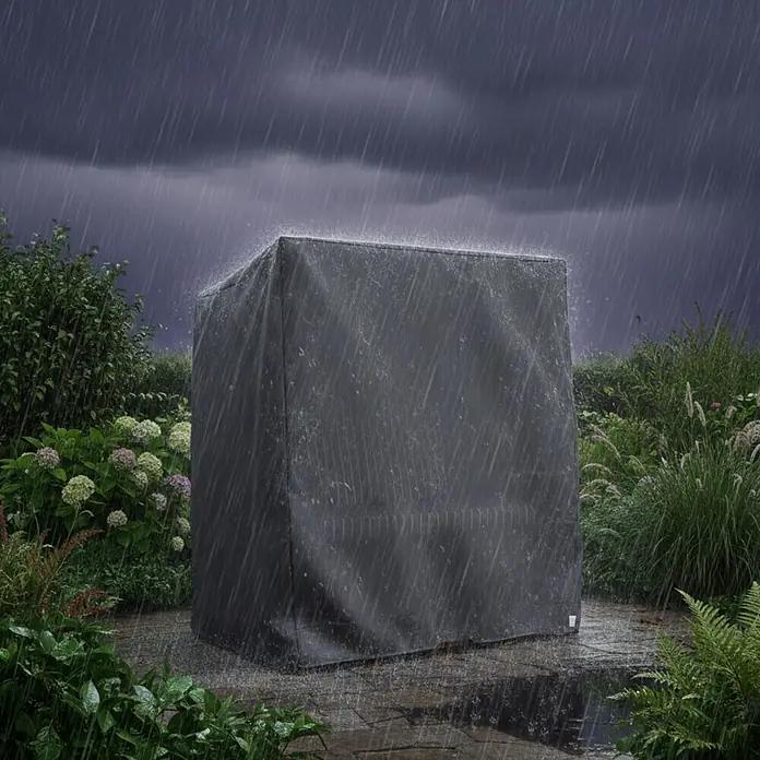 Bene Protect Strandkorb-Schutzhülle Aero Protect XXL 170cm - L x B x H: 98 x 170 x 170 cm, atmungsaktive Wabenstruktur, 2 g/m², grau - Dunkelgraue Outdoor-Möbelabdeckung schützt einen quadratischen Gegenstand im Regen in einem Garten.