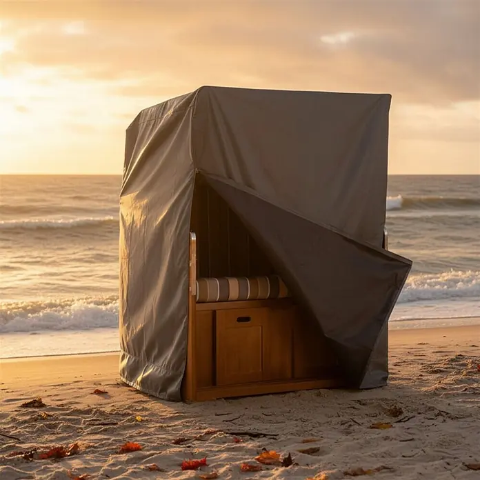 Bene Protect Strandkorb-Schutzhülle Aero Protect XL - L x B x H: 98 x 145 x 170 cm, atmungsaktive Wabenstruktur, 2 g/m², grau - Strandkorb mit teils geöffneter grauer Schutzhülle am Sandstrand am Meer bei Sonnenuntergang.