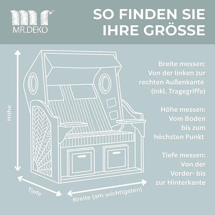 Bene Protect Strandkorb-Schutzhülle Aero Protect M - L x B x H: 80 x 120 x 160 cm, atmungsaktive Wabenstruktur, grau - Diagramm zur Vermessung eines Strandkorbs: Breite, Höhe und Tiefe werden erklärt.