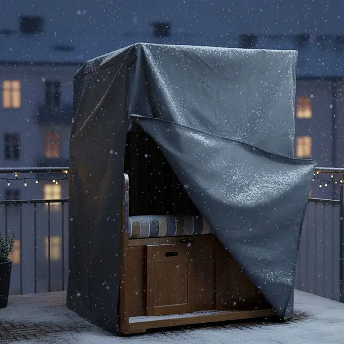 Bene Protect Strandkorb-Schutzhülle Aero Protect XL - L x B x H: 85 x 128 x 170 cm, atmungsaktive Wabenstruktur, grau - Dunkelgraue Schutzhülle über einem Holz-Strandkorb, leicht mit Schnee bedeckt auf einem Winterbalkon.