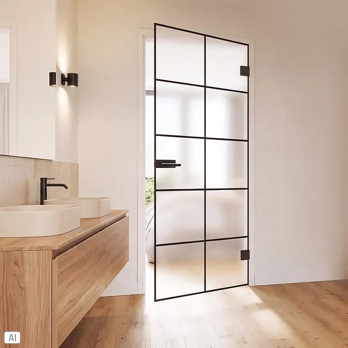 Diamond Doors Black Edition Glasdrehtür Loft - 834 x 1.972 mm, DIN Rechts, Milchglas - Moderne Drehtür mit schwarzem Rahmen und Milchglas, teilweise geöffnet in einem stilvollen Badezimmer.